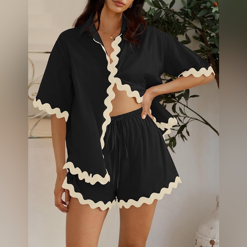 ZESICA Button Down PJ’s Set Line Short Sleeve Shirt & Shorts W/Pockets LACE TRIM